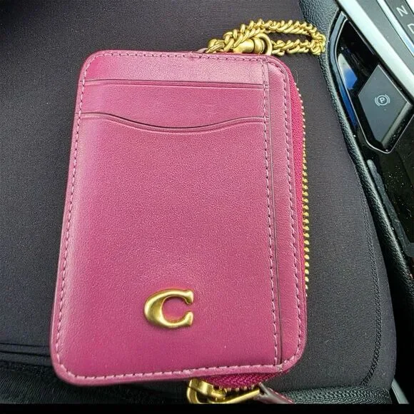 COACH Leather Cardholder Card Case Wallet w Chain AUTHENTIC